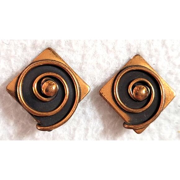 Vtg 50s 60s Signed Rebajes Copper Clip On Earrings MCM Modernist Abstract Spiral - Picture 3 of 5